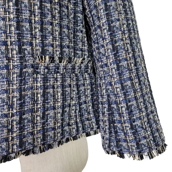 Ann Taylor Factory Tweed Skirt Suit 12 Black Tan Fringe Trim Pockets Open Front - Picture 4 of 11